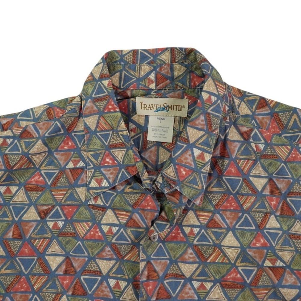 TravelSmith Mens Large Cotton Lawn Geometric Triangle Mosaic Short Sleeve‎ Shirt